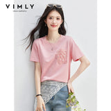 VIMLY Women's French Pink Short Sleeve T-shirt 2026 Summer New Flower Pouch Design Crew Neck Top Fashion Casual Wear A6828