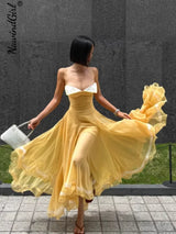 Elegant Pleated Women's Dress Sleeveless Backless Patchwork Waist-Closed Ruffle Hem Sling Maxi Dresses 2026 Summer Female Robe