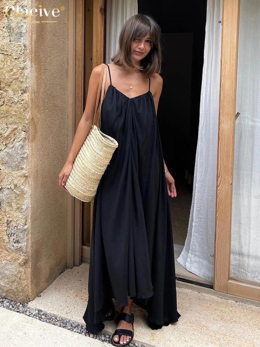 Clacive Summer Loose Black Women'S Dress 2023 Fashion Strap Sleeveless Ankle-Length Dresses Elegant Backless Female Sundress