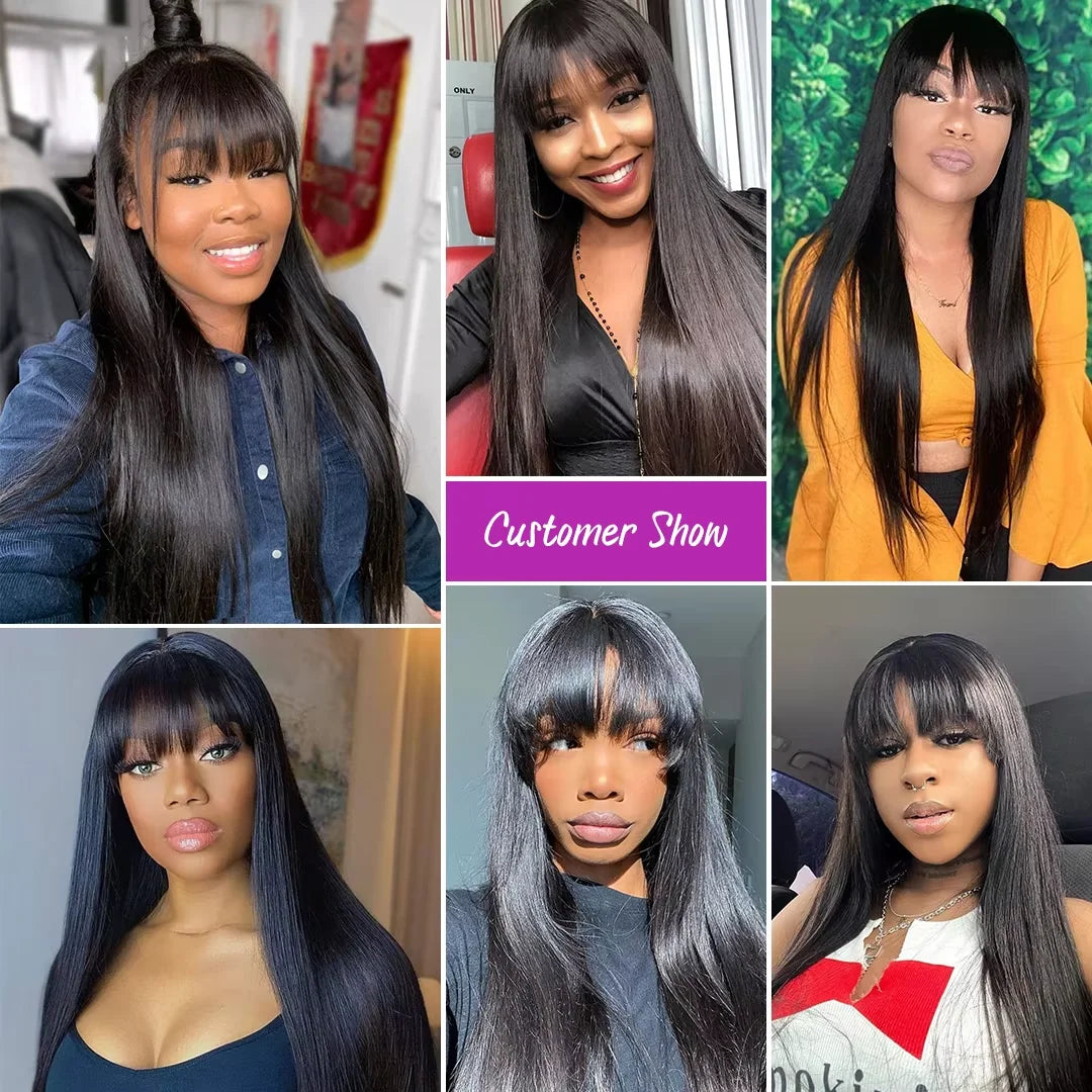 3x1 Middle Part Lace Wig Bone Straight Human Hair Wig With Bangs Cheap Wigs Full Machine Made Fringe Glueless Wigs for Women