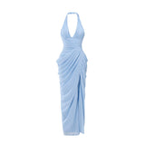 Suninheart Sexy Halter Corset Evening Dress Mesh Bodycon High Slit Long Prom Gown Ruched Sexy Wedding Guest Party Dress
