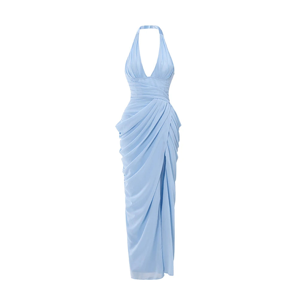 Suninheart Sexy Halter Corset Evening Dress Mesh Bodycon High Slit Long Prom Gown Ruched Sexy Wedding Guest Party Dress
