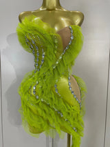Sexy Celebrate Eveing Birthday Party Nightclub Red Carpet Stage Wear Sparkly Green Diamonds Mesh Asymmetric Bodycon Mini Dress
