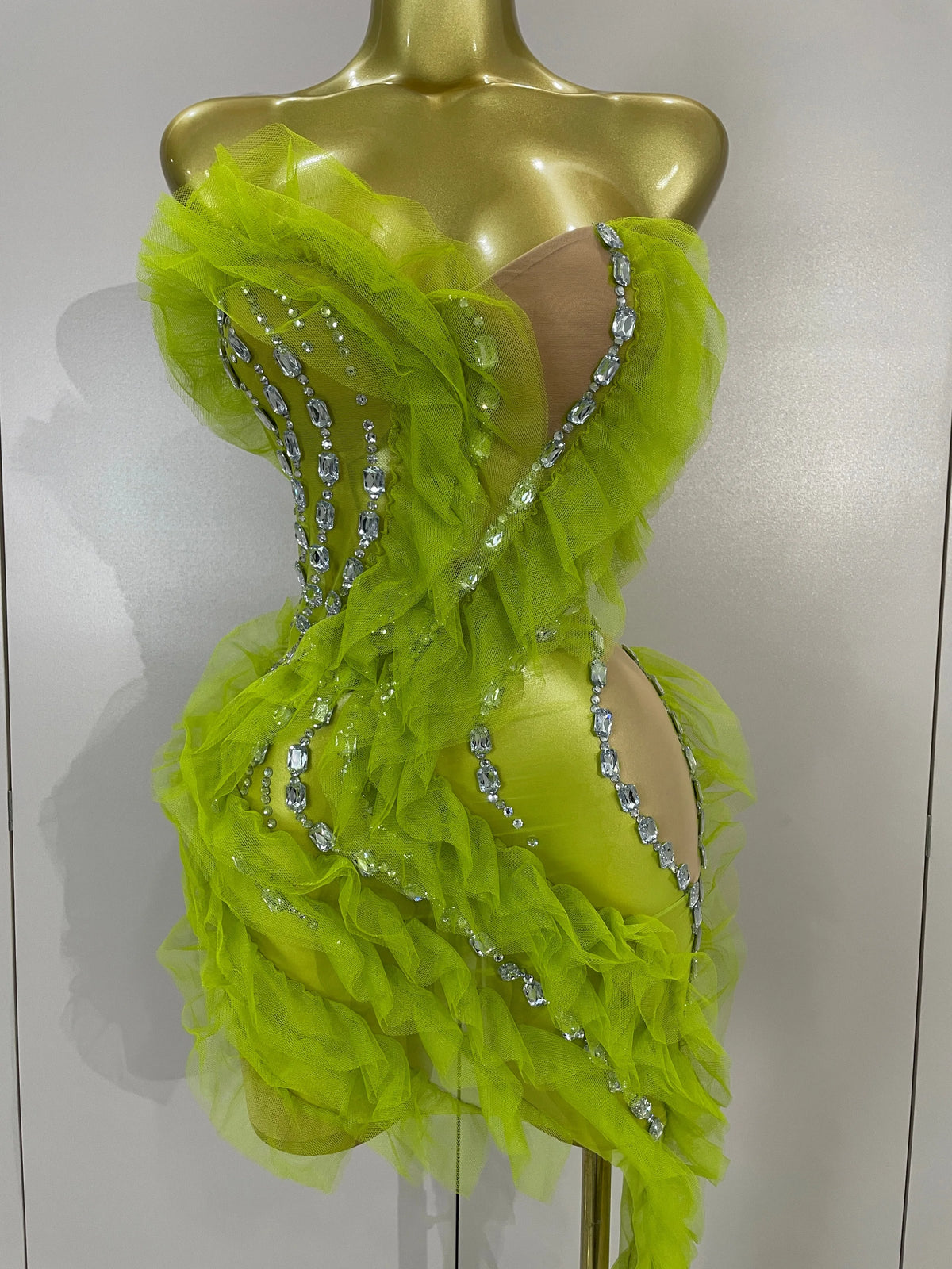 Sexy Celebrate Eveing Birthday Party Nightclub Red Carpet Stage Wear Sparkly Green Diamonds Mesh Asymmetric Bodycon Mini Dress