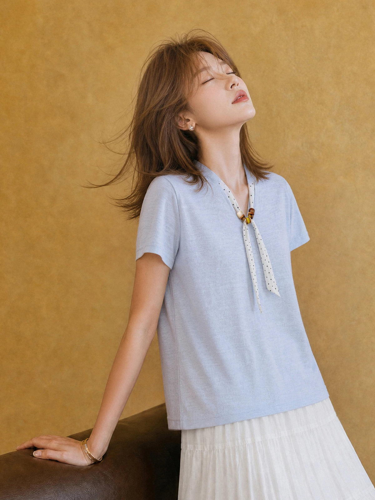 XIAOGULI French Style Women Cotton Blouse Polka Dot Ribbon Bow Short Sleeve T-shirt V-Neck Casual Soft Lightweight Daily Top