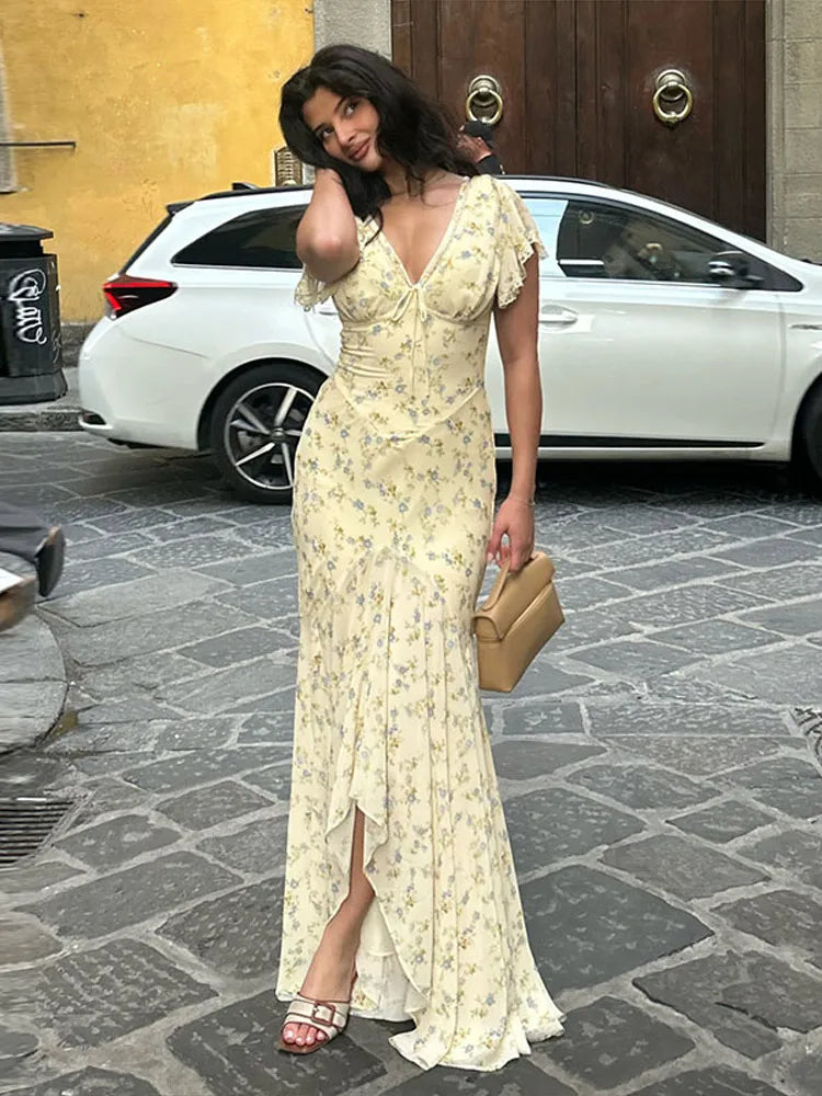 Floral Print Lace Trim Flutter Sleeve Maxi Dress Deep V-Neck High-Low Chiffon 2026 Summer Chic Romantic Women Feminine Gown