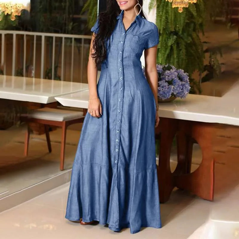 2023 Fashion New Long Dress Shirt Neck Pocket Large Swing Dress Casual Elegant Temperament Single Breasted Denim Dress
