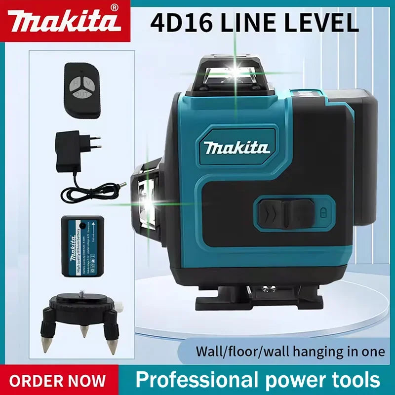 Makita Laser Level:Self-Leveling & Manual Modes,515nm Green Light,±4° Range,16 Lines,IP65,With Remote & Battery for Alignment
