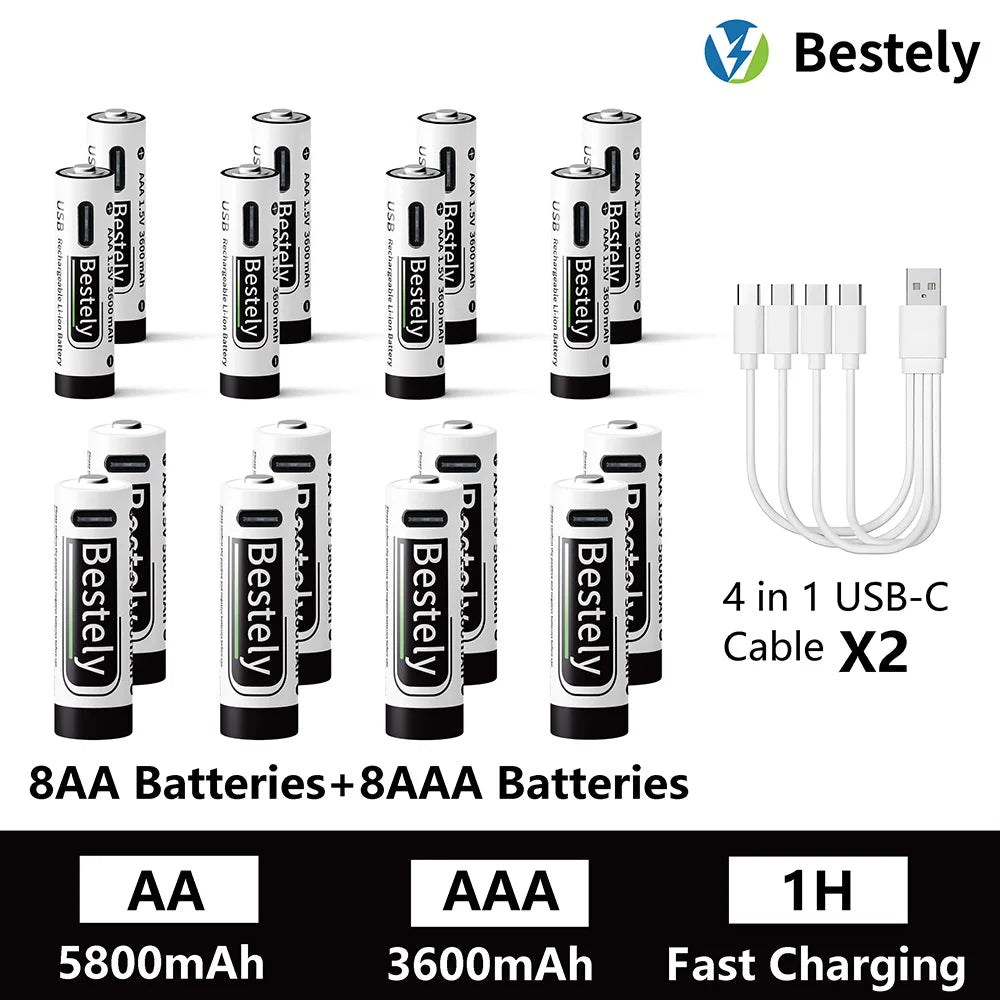 AA AAA Battery 1.5V 5800mAh and 3600mAh Lithium Rechargeable Batteries Fast Charging Li-ion Battery 2000 Cycles Type-C Cable