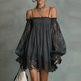 Boho Spring Off Shoulder Hollow Lace Dress Woman Elegant Puff Sleeve Ruffle Party Dresses Summer A-line Casual Holiday Mini Robe