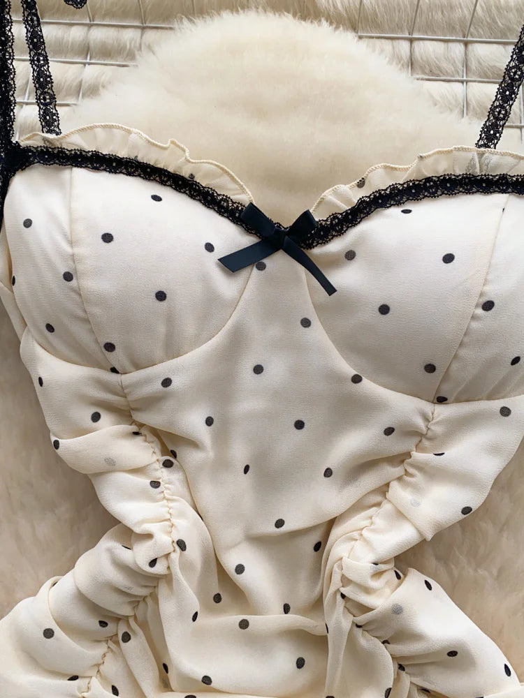 Foamlina Sexy Night Club Polka Dot Print Spaghetti Strap Dress Women Summer Fashion Sleeveless Backless Slim Pleated Wrap Dress