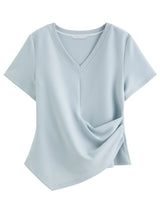 DUSHU Women's Pleated Waist-Defining Asymmetrical T-Shirt: 2026 Spring New Versatile Fitted Short Sleeve Top Essentials V-neck