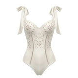 Women's Sexy Backless Hollow out Double Strap Flower Bikini Set One Piece Swimsuit Crossbody Swimwear Summer Biquini Beachwear
