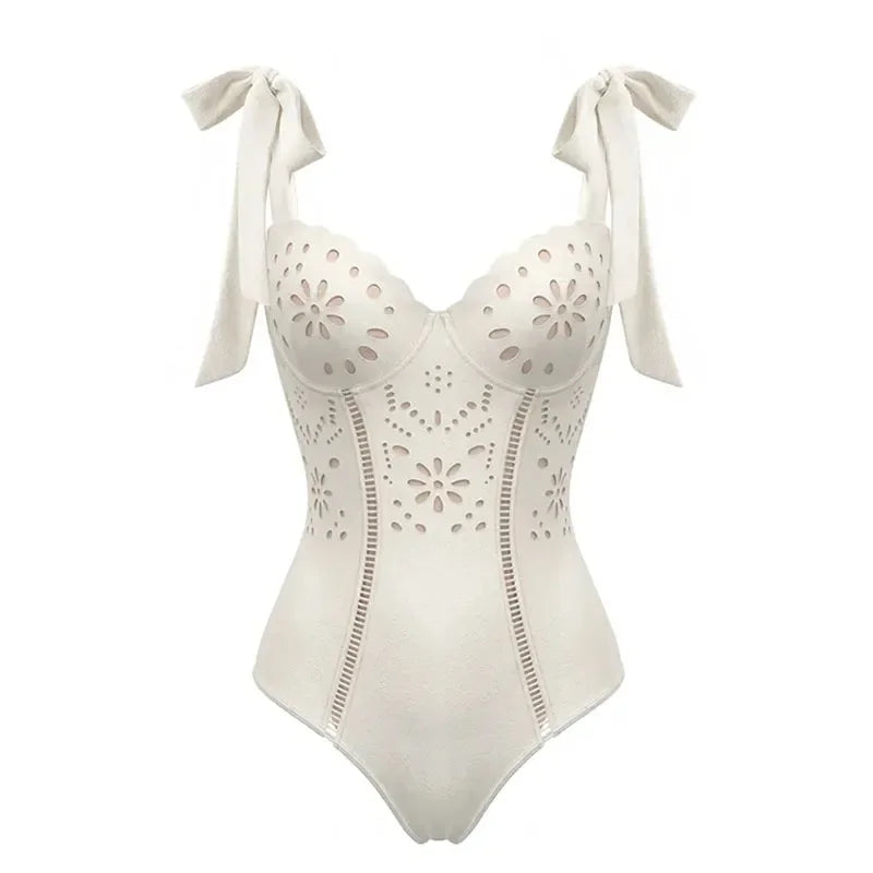 Women's Sexy Backless Hollow out Double Strap Flower Bikini Set One Piece Swimsuit Crossbody Swimwear Summer Biquini Beachwear