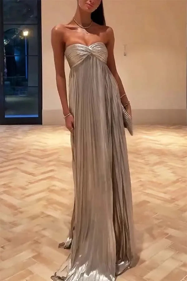 Women Solid Strapless Maxi Dress Sexy Sleeveless Off-shoulder Backless Loose Pleated Long Gowns 2025 Lady Evening Party Dresses