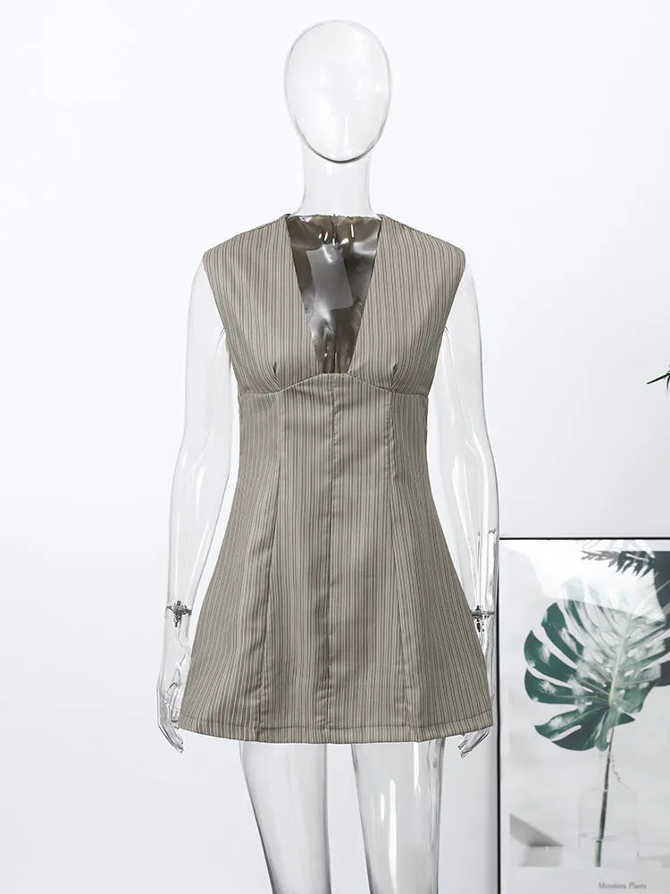Casual Stripe Sleeveless Mini Dresses Women's Slim Waist-cinching V-neck Dress 2026 New Ladies Spring Summer Solid Outwear