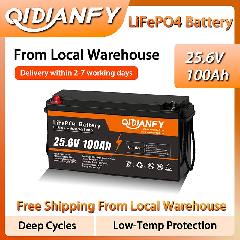 Qidianfy 24V 100Ah LiFePO4 Battery Built-in 100A BMS 2560Wh Deep Cycles Rechargeable Lithium Battery for RV Camping Home Backup Power Solar Off-Grid