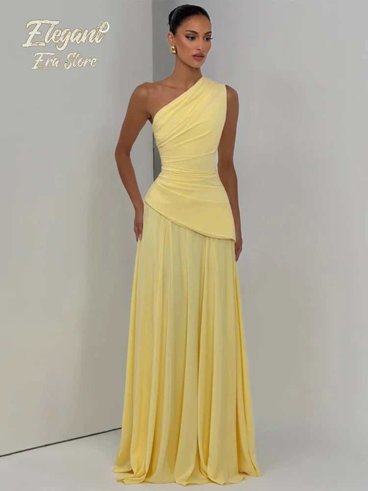 Pale Yellow One Shoulder Ruched Maxi Dress Women Fashion Asymmetrical High Waist Flowing Chiffon Dresses Lady Daily Party Gowns