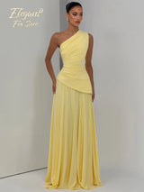 Pale Yellow One Shoulder Ruched Maxi Dress Women Fashion Asymmetrical High Waist Flowing Chiffon Dresses Lady Daily Party Gowns