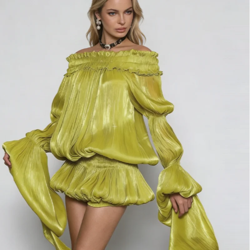 Chic Lime Green Off Shoulder Mini Dress Oversized Flare Sleeve Shiny Smocked Waist Bubble Hem Skirt Sexy Party Date Wear New