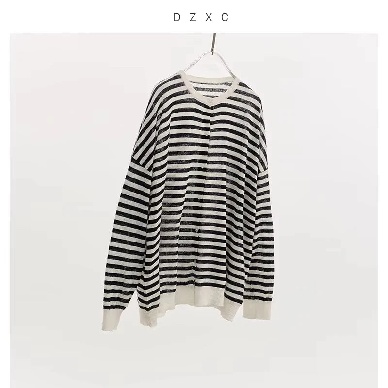 Cooling Fiber~ Cotton and Linen Striped T-Shirt, Women's Lightweight Long-Sleeve Knit Top, Loose Breathable Sun Protection Shirt, 2026 Spring/Summer New Style
