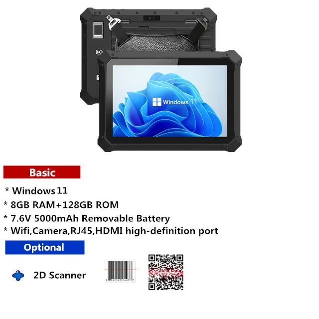 Industrial Tablet Windows 11 Wifi Bluetooth RJ45 HDMI 2D Scanner 5000mAh Large Battery Optional UHF Fingerprint Rugged Tablet