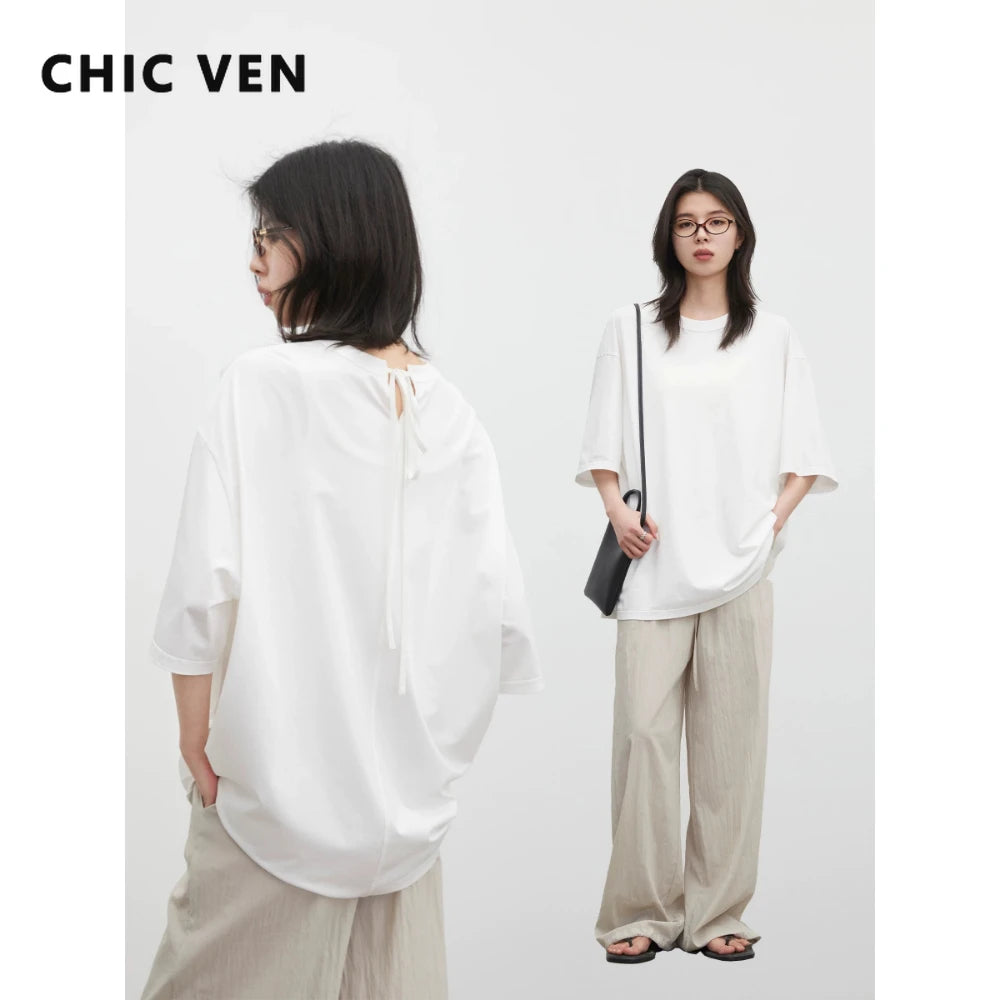 CHIC VEN New Women T-shirt Solid Casual Loose Short Sleeve Tops Back Collar Split Design Cool Female Tees Pullover Summer 2026