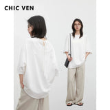 CHIC VEN New Women T-shirt Solid Casual Loose Short Sleeve Tops Back Collar Split Design Cool Female Tees Pullover Summer 2026