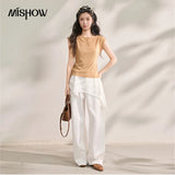 MISHOW Cool Linen Flying Sleeve Knitted Lapel T-shirt 2026 Summer Casual Style Tees Hollow-out Hook Flower Design Top MXF16Z3033