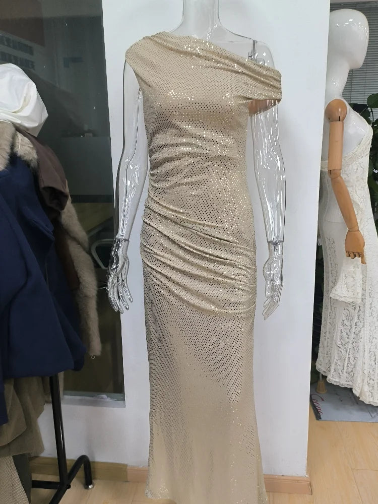 Women Stunning Nude Sparkle Prom Dress Off-shoulder Ruched Detail Shiny Crystal Long Formal Gown Special Occasion Party Dresses