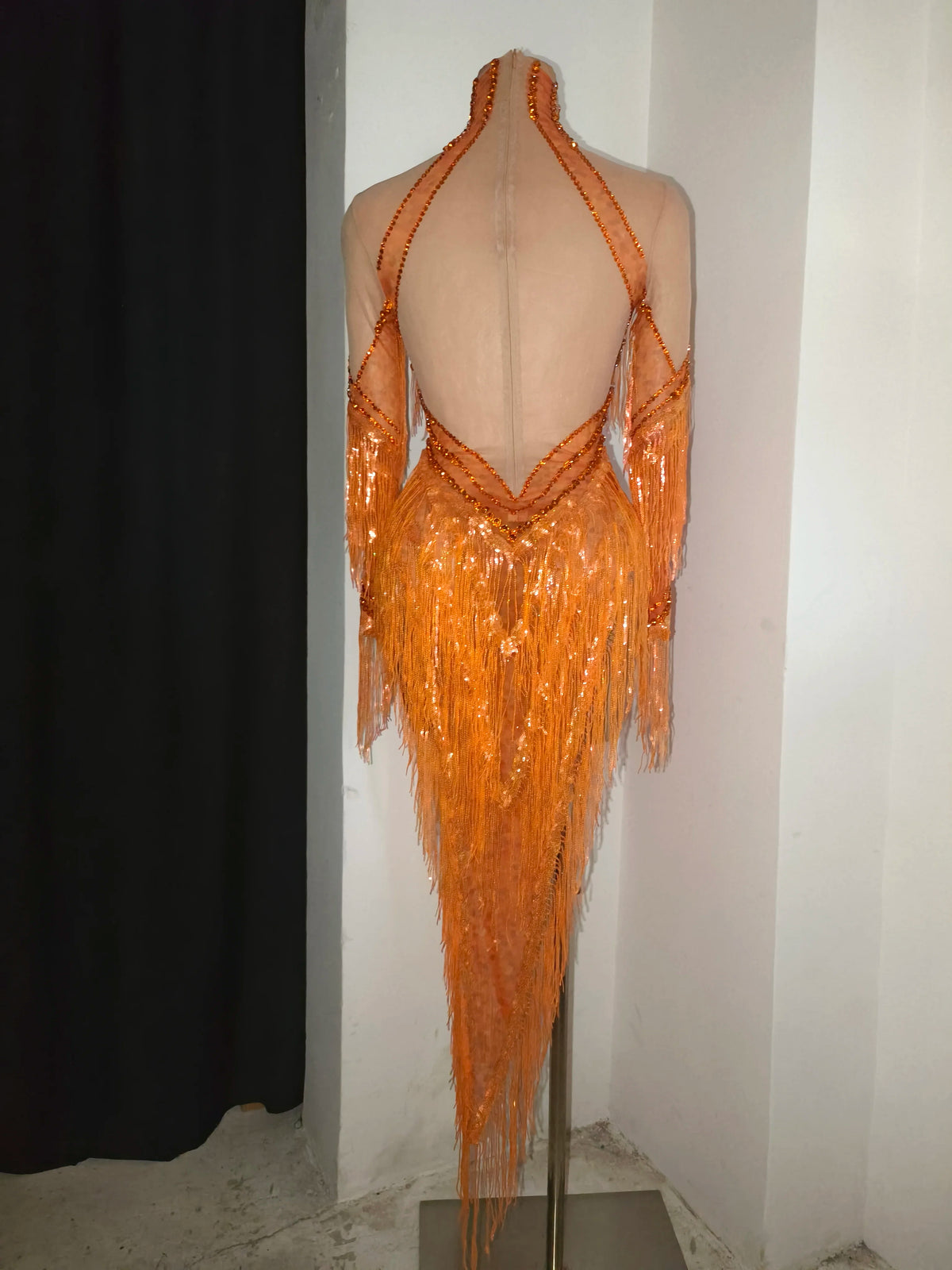 Sparkly Diamond Orange Tassel Long Sleeves Mesh Transparent Dress Women Latin Dance Outfits Bar Nightclub Party Club Stage Wear
