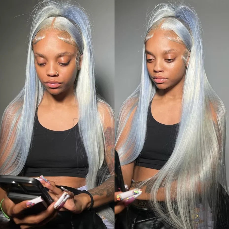 13x6 Silver Grey Colored Lace Front Wigs For Women Gray Long Body Wave Remy Transparent Lace Frontal Human Hair Wig Pre Plucked