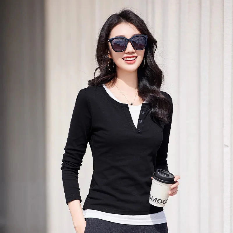New Women Spring Summer Contrast Color T-shirt Fashion O-Neck Long Sleeve Patchwork T-shirt Casual Simplicity Slim T-shirt