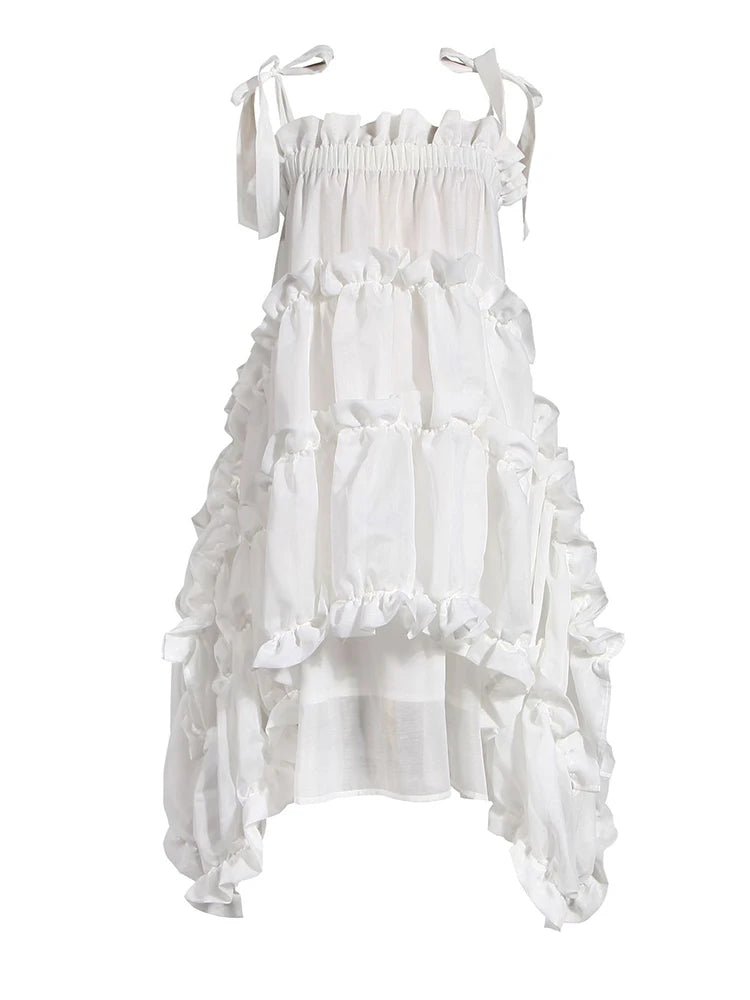 [EAM] Women Irregular Ruffles Spaghetti Strap Dress New Round Neck Long Sleeve Loose Fit Fashion Tide Spring Autumn 2026 1W571
