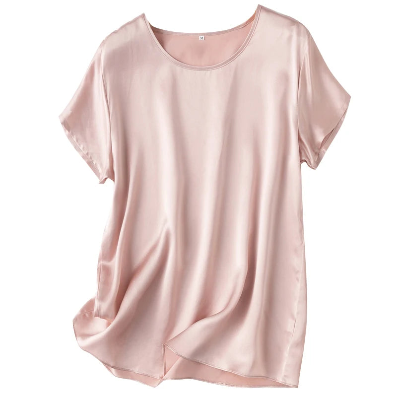 Benefits! Flowing Gem Series Basic Style Versatile Round Neck 100% Mulberry Silk Short Sleeve Silk Satin T-Shirt Top