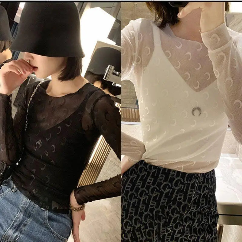 Solid Color Hollow Out Top Women Long Sleeve Mesh T-Shirt Summer Sexy Slim Fit Streetwear Classic