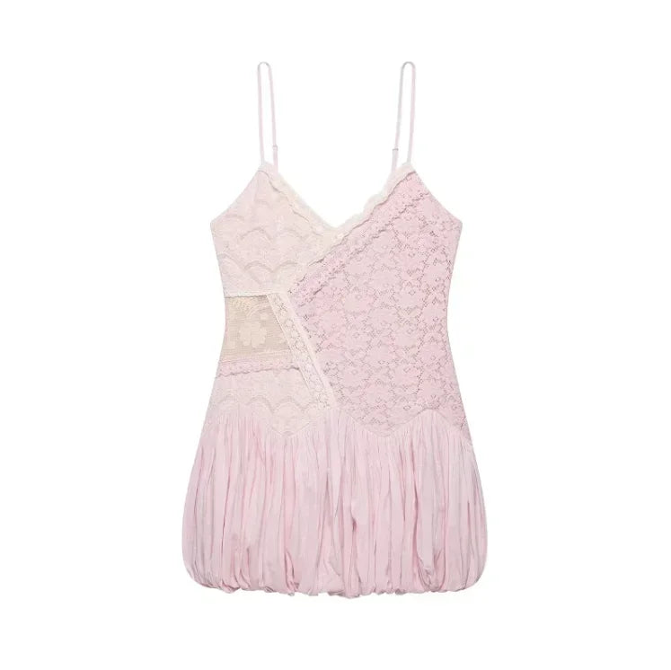 Pink Color Block Lace Spaghetti Strap Mini Dress Women Sweet Deep V Sleeveless Bubble Hem Dresses Lady Daily Dating Casual Gown