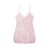 Pink Color Block Lace Spaghetti Strap Mini Dress Women Sweet Deep V Sleeveless Bubble Hem Dresses Lady Daily Dating Casual Gown