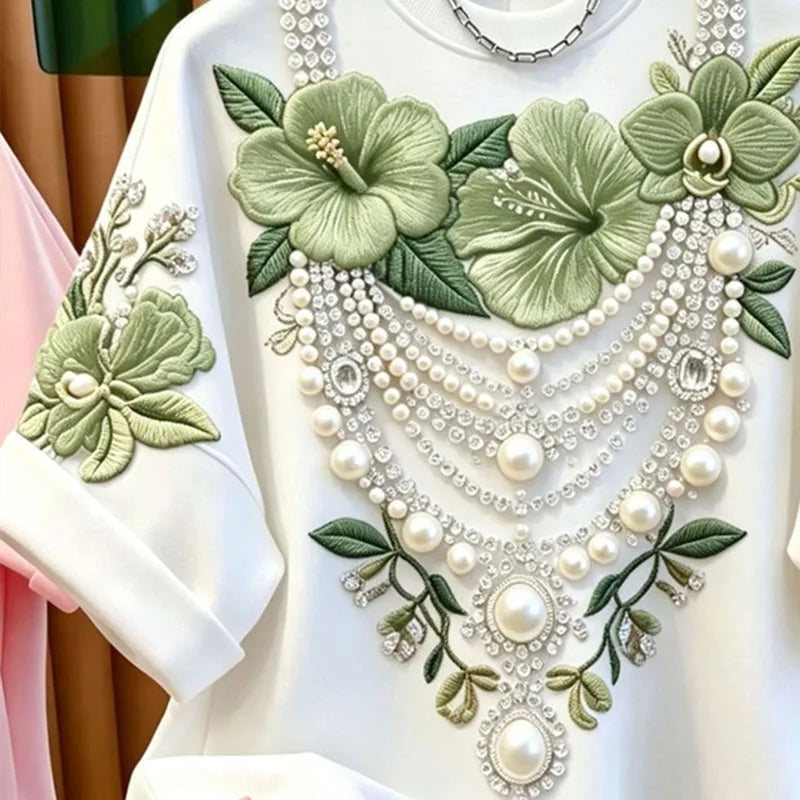 Fashion Bead Flower Embroidery Loose Short Sleeved T-shirt 2026 Summer New Lazy Style Casual Top Men's and Women's Clothing