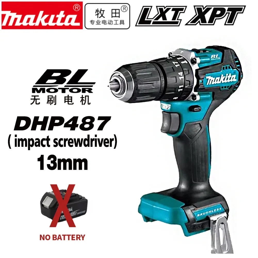 Makita 18V Li-ion Battery New Makita DHP487 Brushless Hammer Drill 40N.m 2 Speed Cordless Impact Screwdriver Household Tool