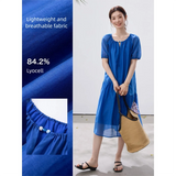 VIMLY Summer Women's Klein Blue Dress 2026 New Short Sleeve A-Line French Tie Waist Puff Sleeve Midi Dresses A5229