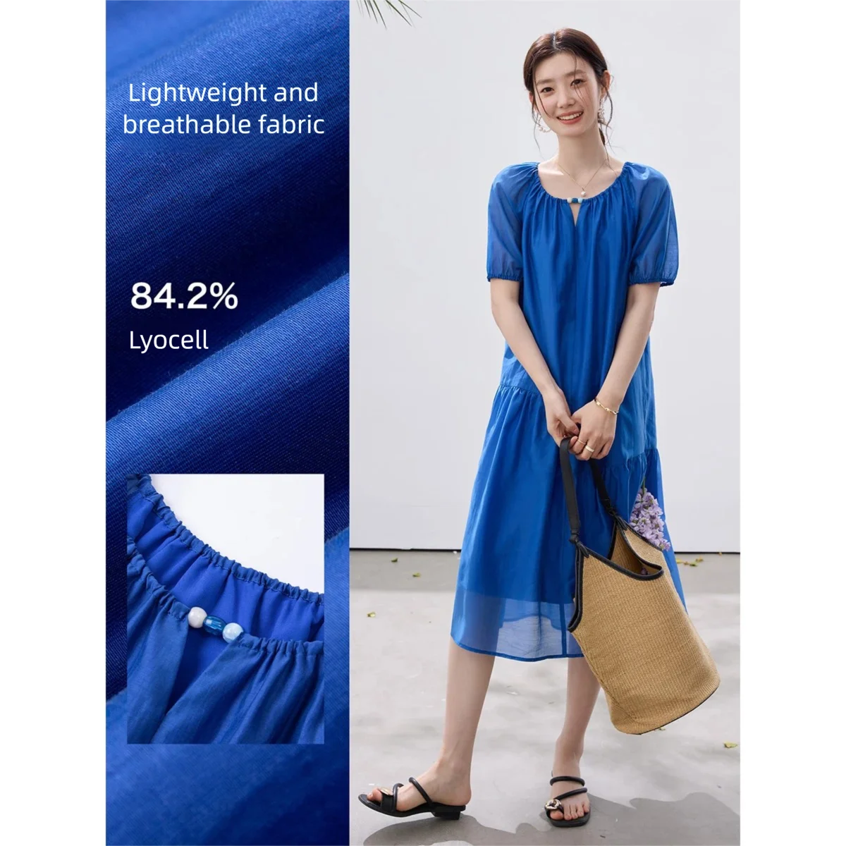 VIMLY Summer Women's Klein Blue Dress 2026 New Short Sleeve A-Line French Tie Waist Puff Sleeve Midi Dresses A5229