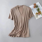 Summer Mulberry Silk Seamless T-shirt Women Double Layered V-neck Short Sleeve Soft Tops