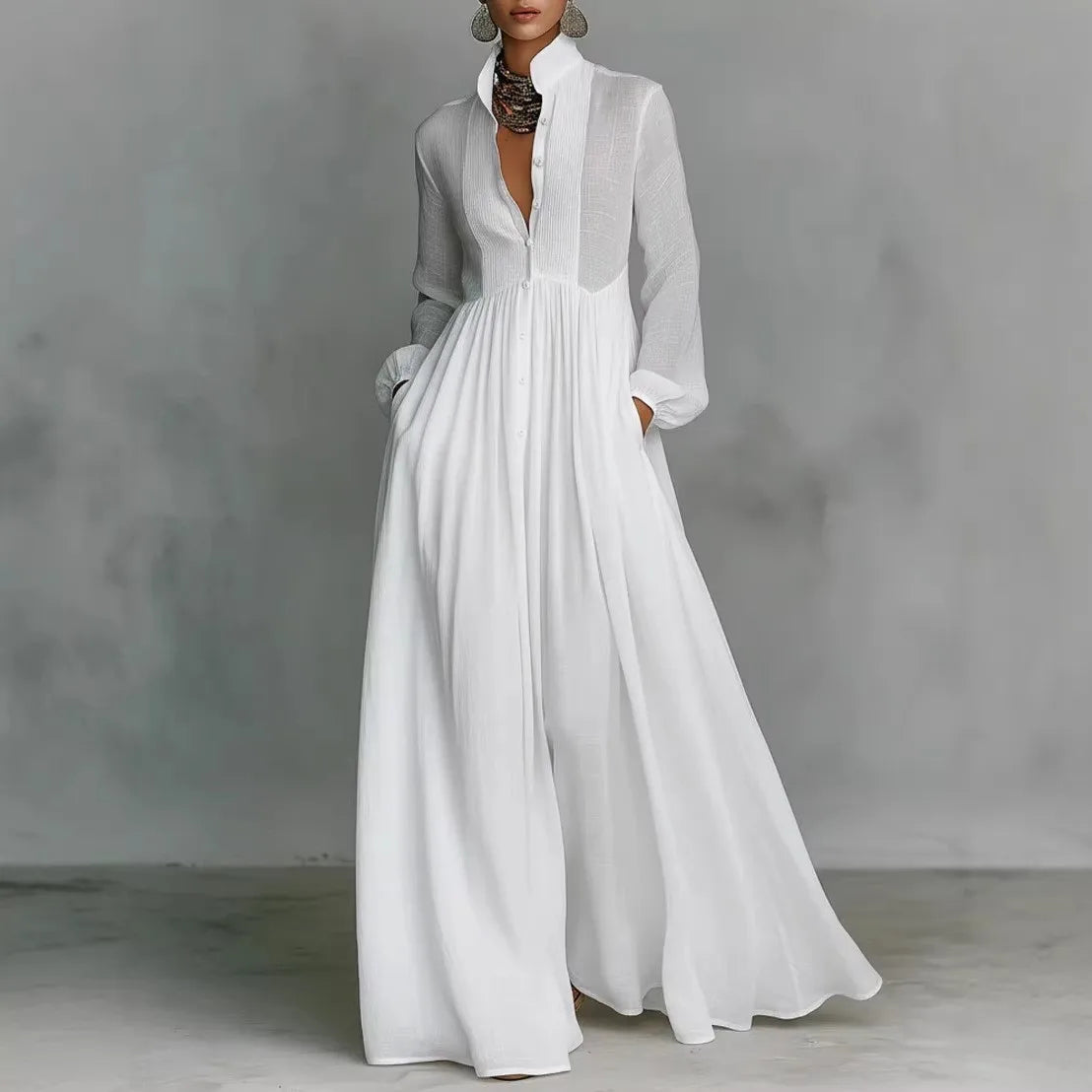 Women's Elegant Single Breasted Long Dress 2026 French High Waist Solid Pockets Pleated Maxi Evening Dress