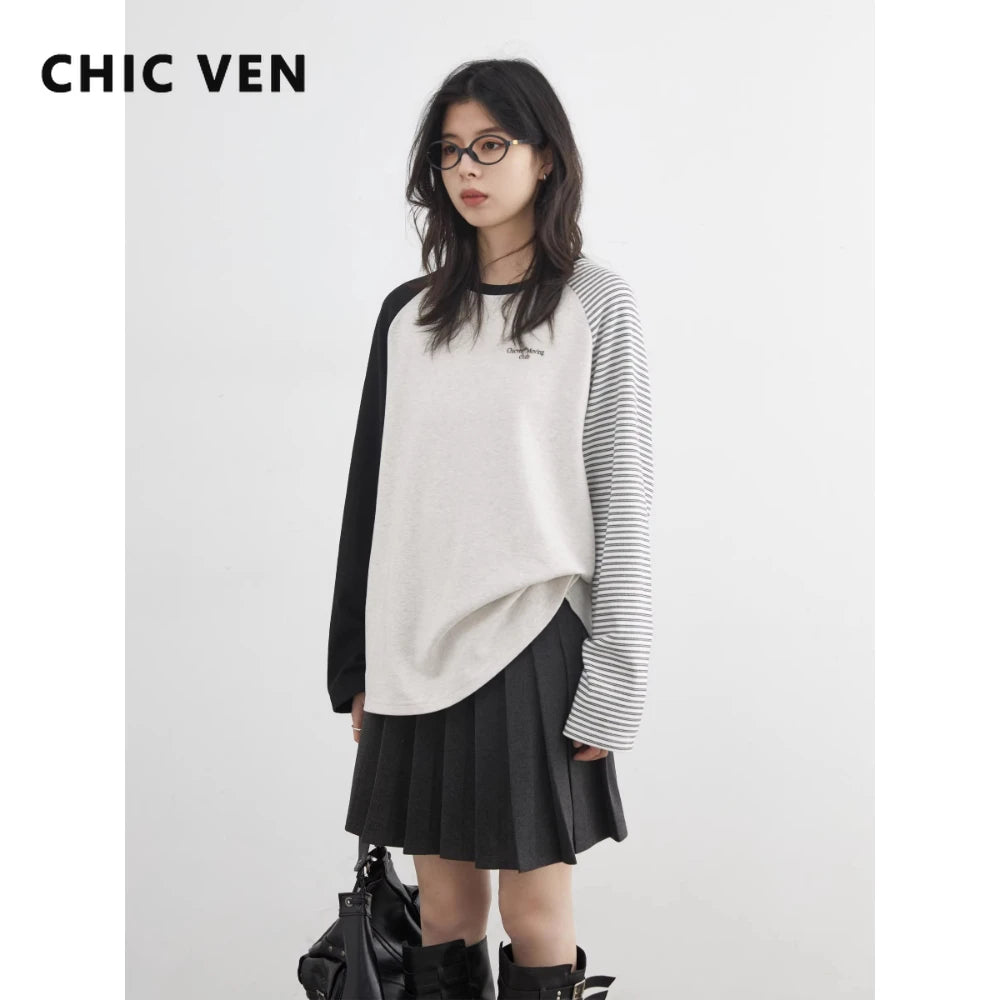 CHIC VEN New Fashion Women T-Shirts Loose Casual Long Sleeved O Neck Tees Bottom Female Top Pullover Coat Autumn Winter 2025