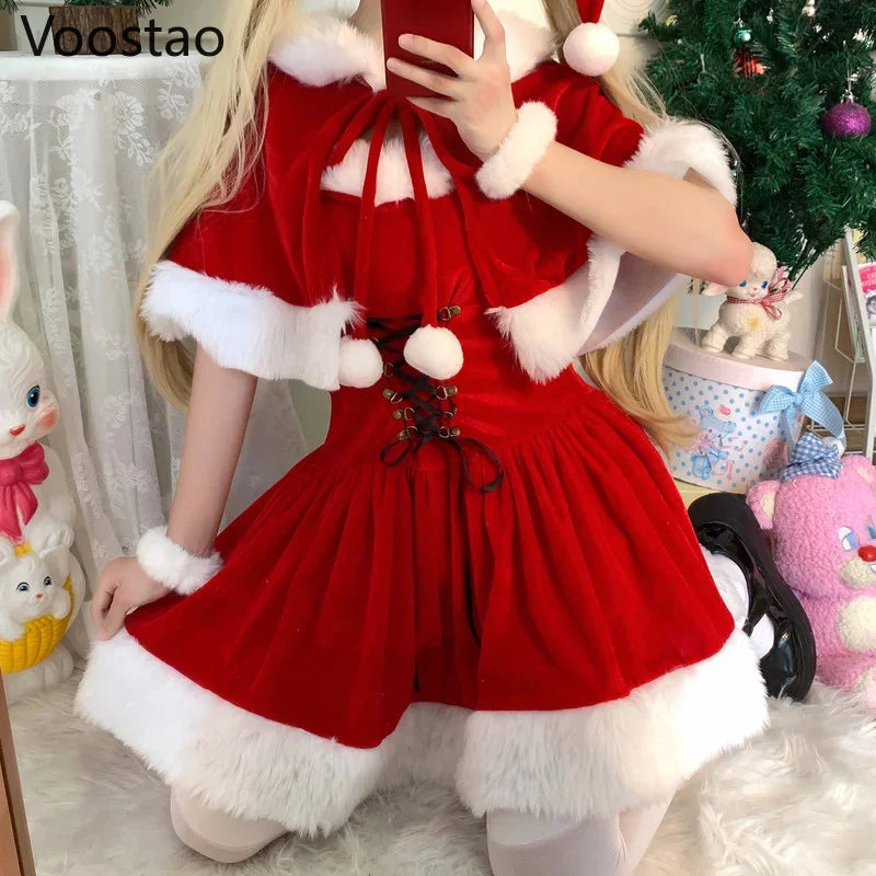 Autumn Winter Cute Christmas Red Shawl Dress Women Sweet Plush Patchwork Drawstring Party Mini Dress Female Kawaii Cloak Vestido