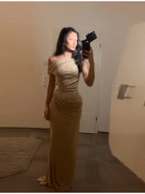 Women Stunning Nude Sparkle Prom Dress Off-shoulder Ruched Detail Shiny Crystal Long Formal Gown Special Occasion Party Dresses