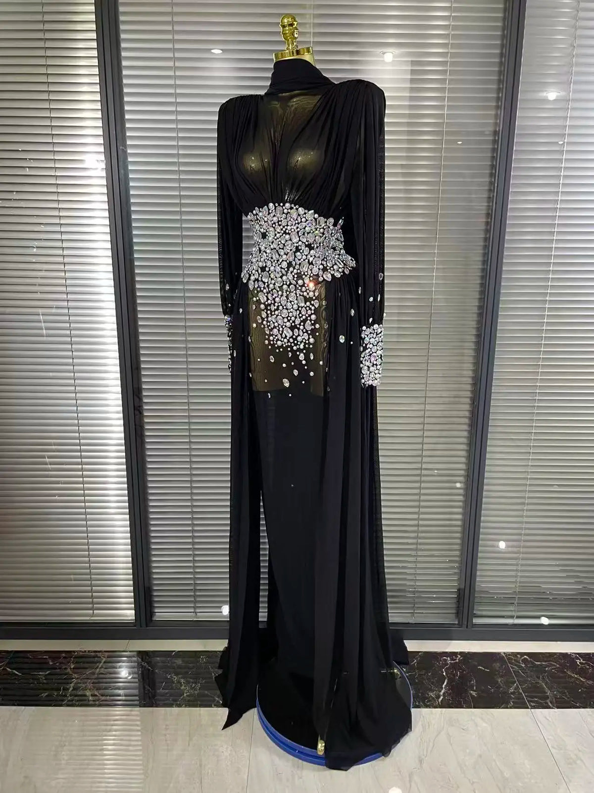 Elegant Rhinestones Long Dress for Women Sexy Mesh See Through Celebrate Evening Prom Birthday Dress Photo Shoot Wear