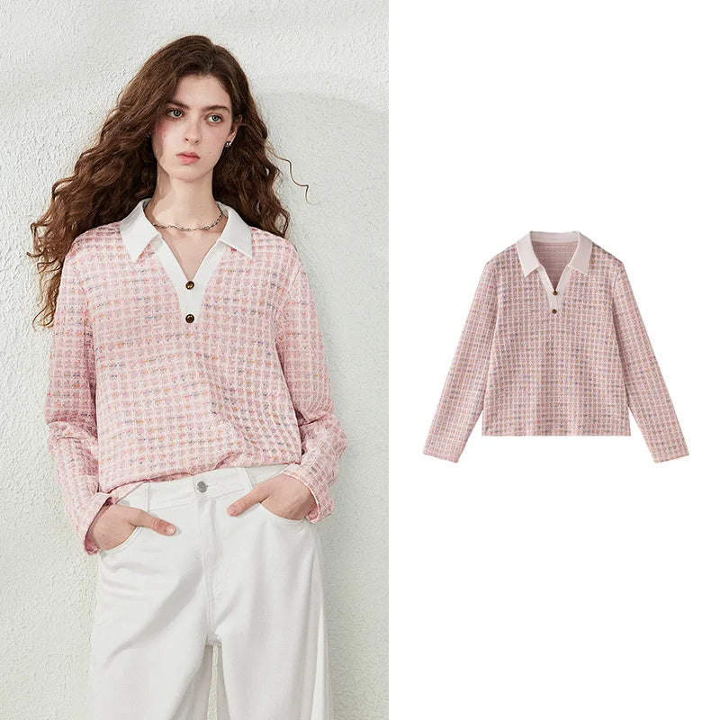 TOYOUTH Women T‑Shirts 2026 Autumn New Textured Knit V‑Neck Simple Light Pink Elegant Long Sleeve Tops