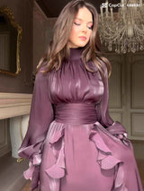 Women's Party Dresses Fashion High Waist Pleat Lady Casual High Collar Layered Banquet Dress Elegant Long Sleeve Evening Dress